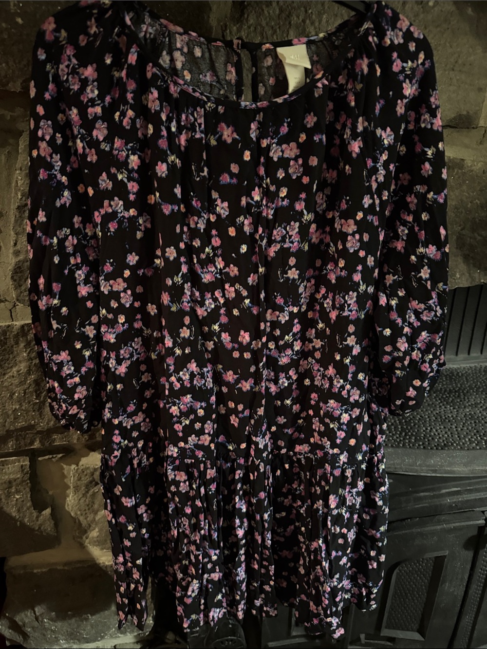 H&M Black Floral Never Worn Casual Dress with Pink and Purple Blossoms